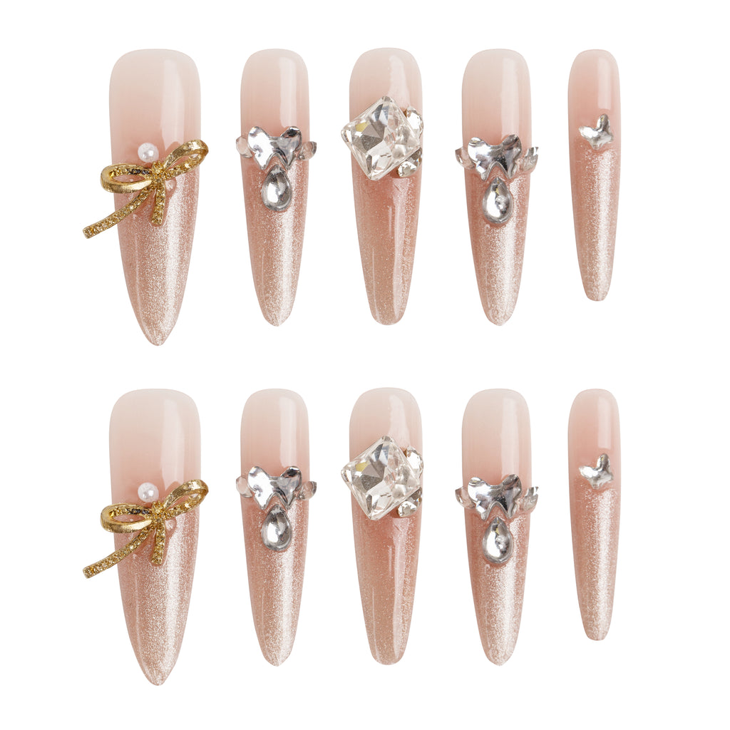 Golden Ribbon Jewels Handmade Press on Nails
