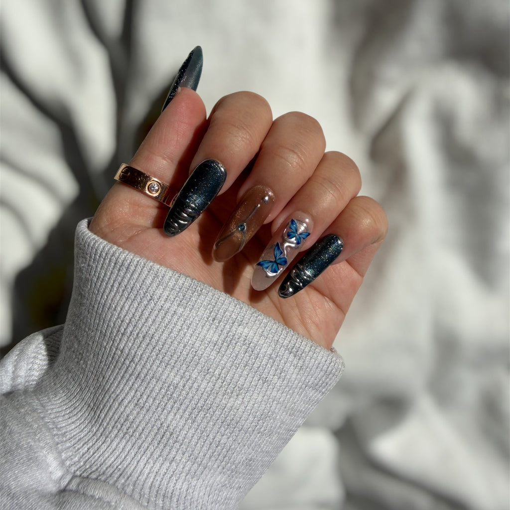 Azure Butterfly Handmade Press On Nails